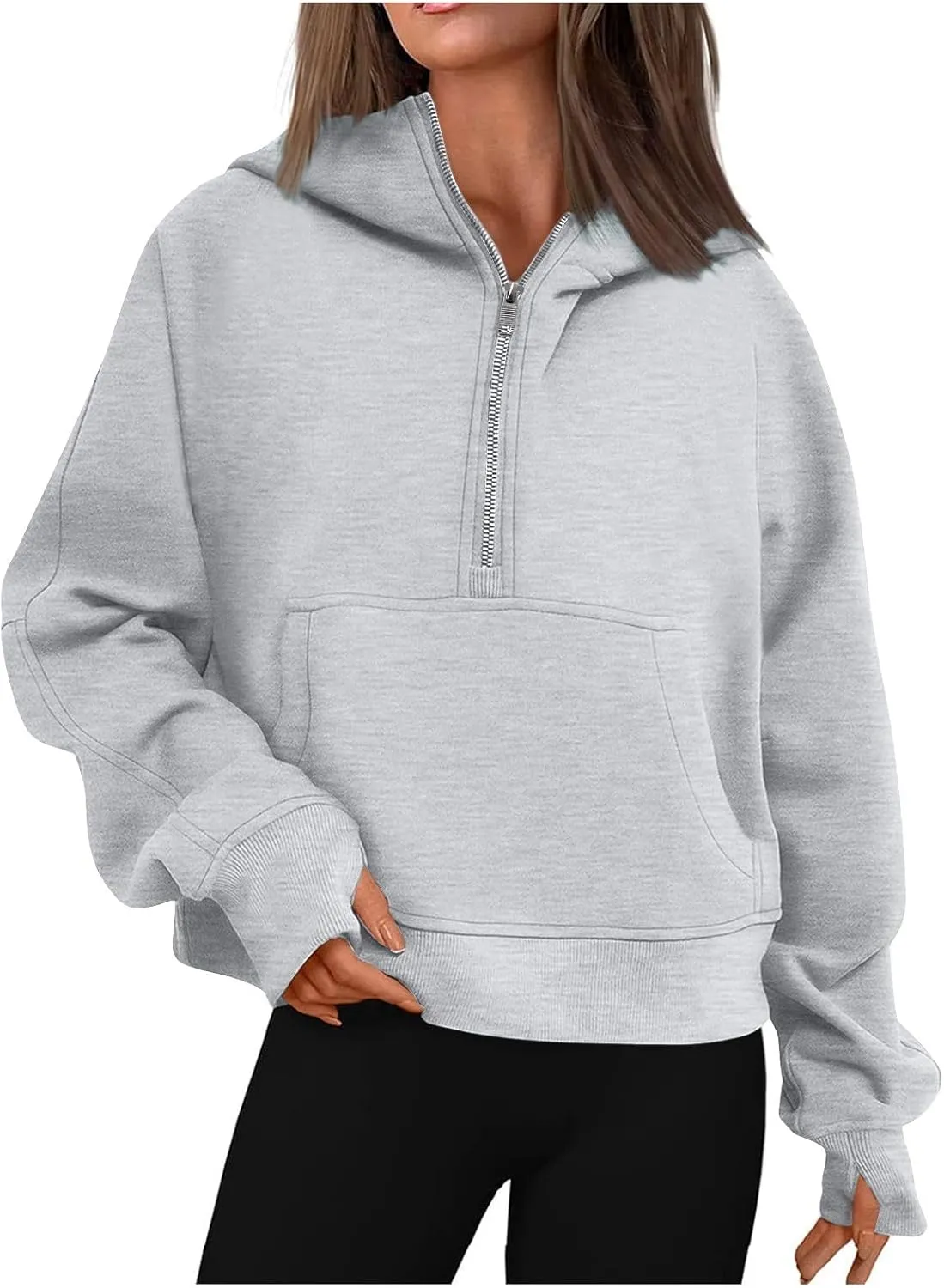 Zip Up Hoodie Women,2024 Fall Thumb Hole Half Zip Sweatshirts Fleece Jackets Tops Oversized Pullover With Pockets