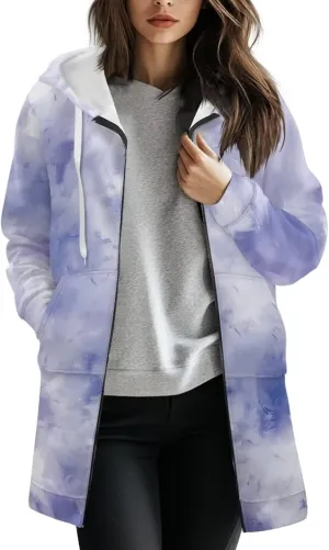 Zip Up Hoodies for Women Trendy Tie Dye Hooded Sweatshirts Oversized Long Sleeve Pullover Drawstring Jackets