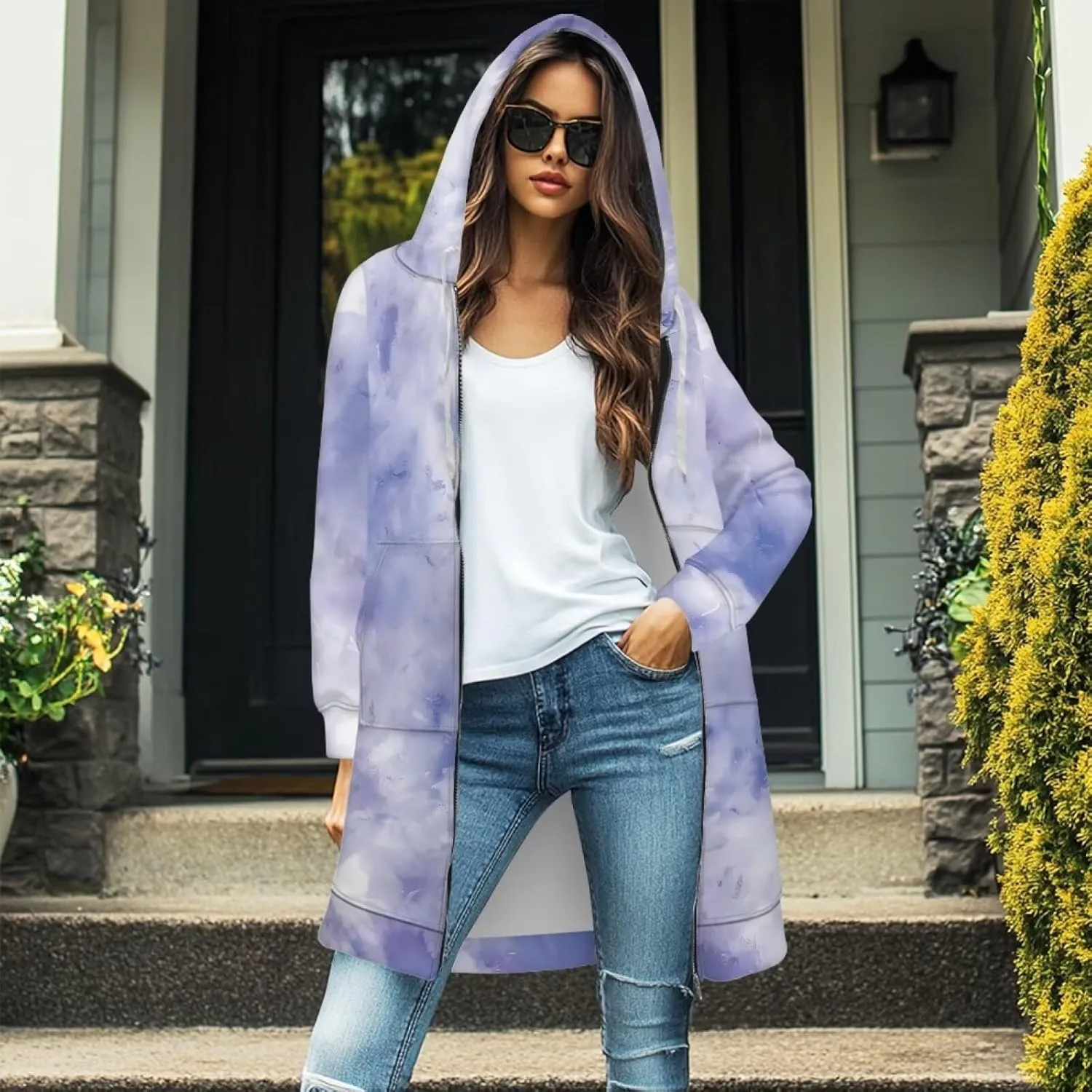 Zip Up Hoodies for Women Trendy Tie Dye Hooded Sweatshirts Oversized Long Sleeve Pullover Drawstring Jackets