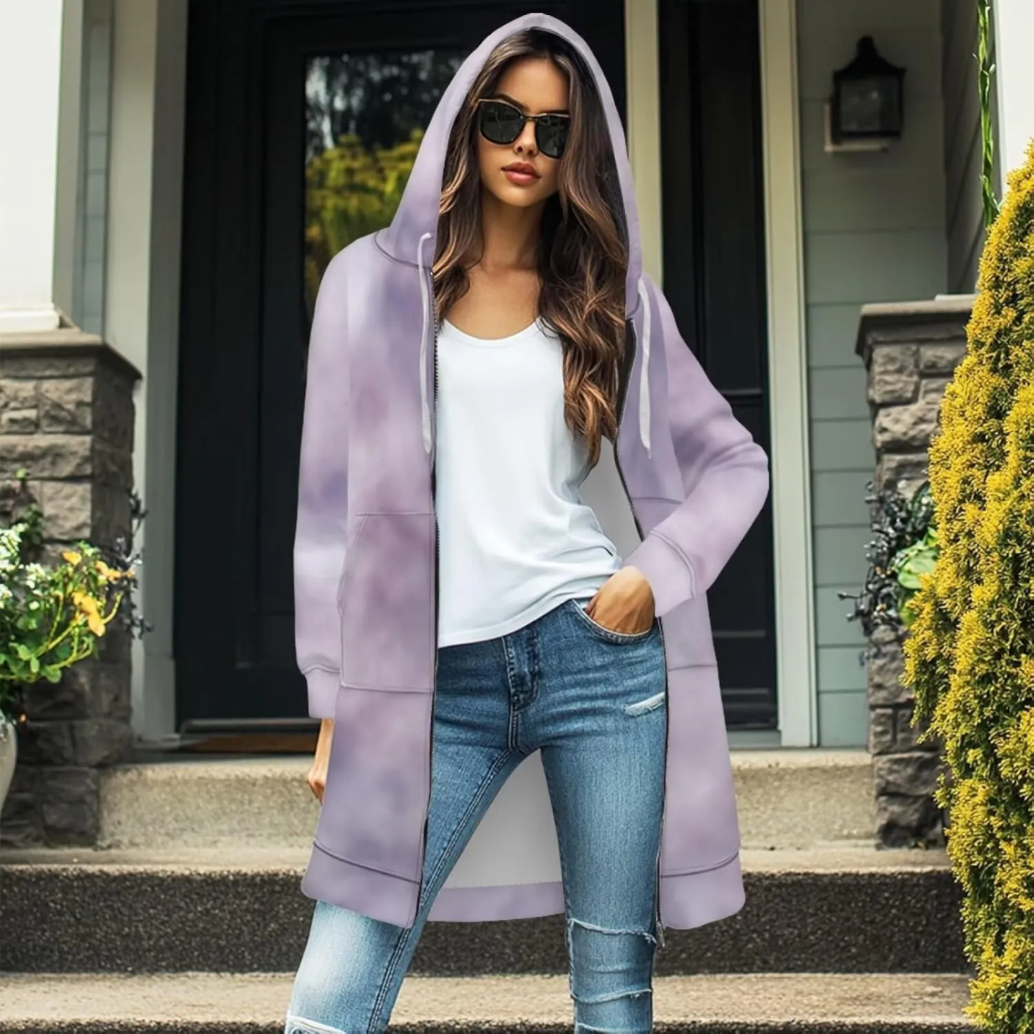 Zip Up Hoodies for Women Trendy Tie Dye Hooded Sweatshirts Oversized Long Sleeve Pullover Drawstring Jackets